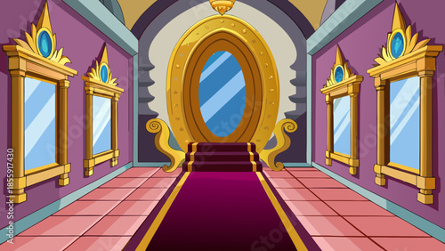 An opulent cartoon hallway with purple walls and golden framed mirrors leads to a grand oval mirror at the end, suggesting a magical realm.