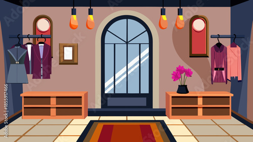 An elegantly furnished clothing boutique interior features neatly arranged racks of stylish garments, two wooden display cabinets, and a prominent arched door, illuminated by modern hanging lights.