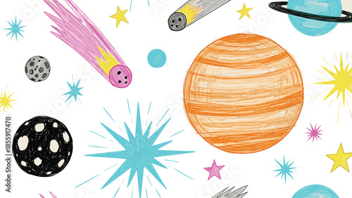 Hand drawn cartoon space illustration with planets comets meteors stars and abstract cosmic elements colorful doodle style design