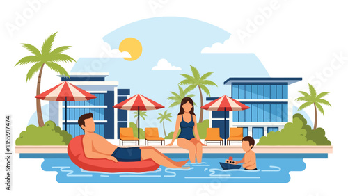 Modern vector illustration of family relaxing near tropical resort pool with umbrellas, summer vacation scene, ideal for resort and travel marketing