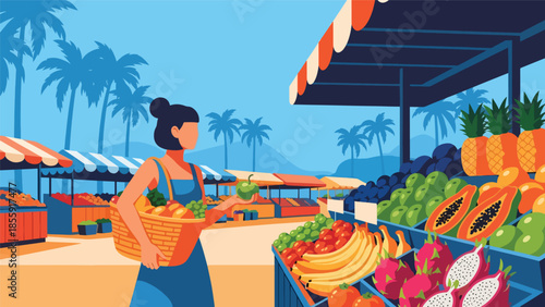 Modern vector illustration of woman shopping at tropical outdoor market with fruit stalls, local travel experience scene, ideal for tourism and culture content