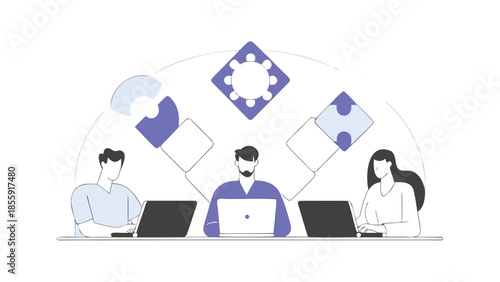 Three coworkers collaborating on laptops with puzzle pieces and gear icons representing teamwork and solutions