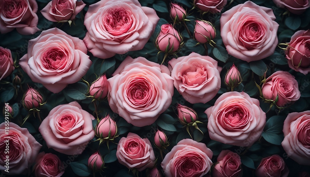 Fototapeta premium vivid pink roses and buds create a floral pattern against a dark moody backdrop