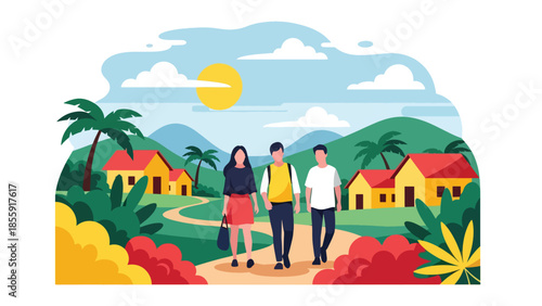 Modern vector illustration of people walking through tropical village with colorful houses and palm trees, cultural travel scene, ideal for tourism content