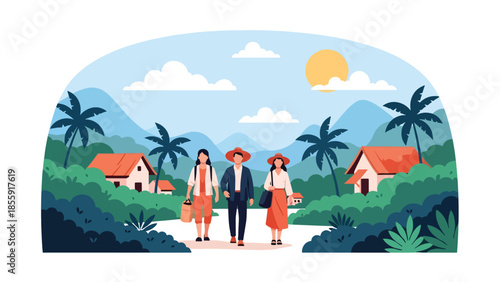 Modern vector illustration of people walking through tropical village with colorful houses and palm trees, cultural travel scene, ideal for tourism content