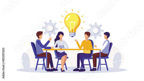 Four people sitting at table having creative brainstorming session with lightbulb and gears