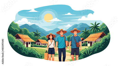 Modern vector illustration of people walking through tropical village with colorful houses and palm trees, cultural travel scene, ideal for tourism content