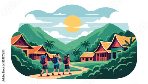 Modern vector illustration of people walking through tropical village with colorful houses and palm trees, cultural travel scene, ideal for tourism content