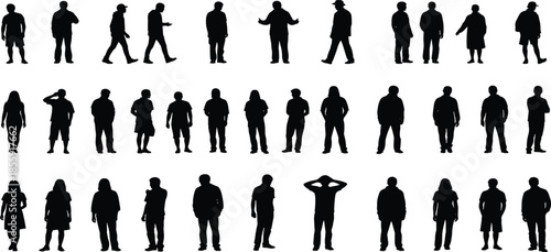 Set of diverse human silhouettes standing and walking in different poses, representing people variety, anonymity, crowd, and modern society