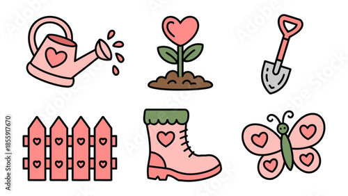 Garden's tender touch: Capturing a range of garden elements with a loving touch, from watering cans to butterfly.