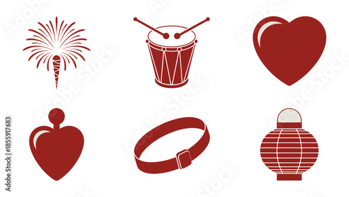 Symbolic Emblems: Array of red-hued icons representing different symbols like firework and heart. A visual language of passion, celebration, and love.