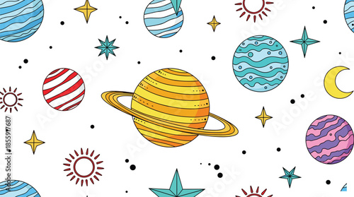 Seamless cartoon space pattern with colorful planets stars and doodle elements playful cosmic illustration for kids decor backgrounds