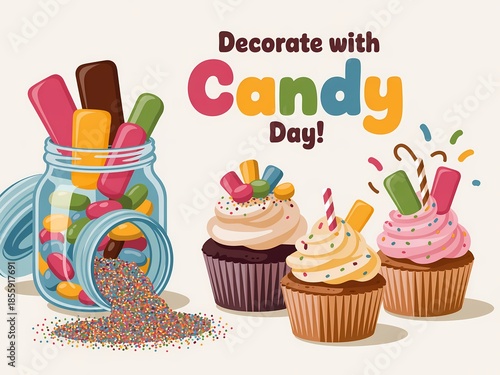 Colorful cupcakes and candies on a white background for decorate with candy day
