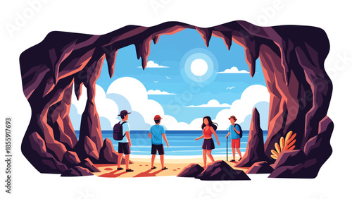 Modern vector illustration of friends exploring tropical cave near beach, adventure travel scene, ideal for tourism and outdoor exploration visuals