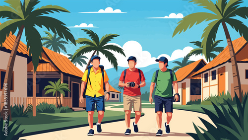 Modern vector illustration of people walking through tropical village with colorful houses and palm trees, cultural travel scene, ideal for tourism content
