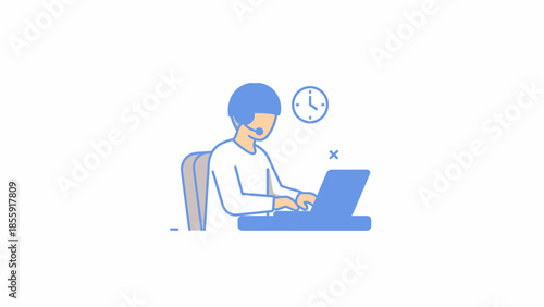 Young person working diligently on a laptop computer with a clock in the background.