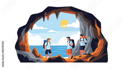 Modern vector illustration of friends exploring tropical cave near beach, adventure travel scene, ideal for tourism and outdoor exploration visuals