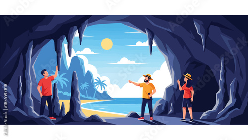 Modern vector illustration of friends exploring tropical cave near beach, adventure travel scene, ideal for tourism and outdoor exploration visuals