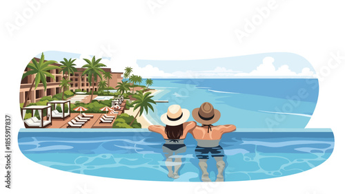Modern vector illustration of couple relaxing in tropical infinity pool overlooking ocean, luxury resort vacation scene, ideal for travel and hospitality marketing