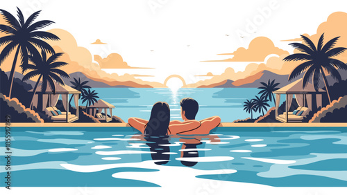 Modern vector illustration of couple relaxing in tropical infinity pool overlooking ocean, luxury resort vacation scene, ideal for travel and hospitality marketing
