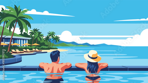 Modern vector illustration of couple relaxing in tropical infinity pool overlooking ocean, luxury resort vacation scene, ideal for travel and hospitality marketing
