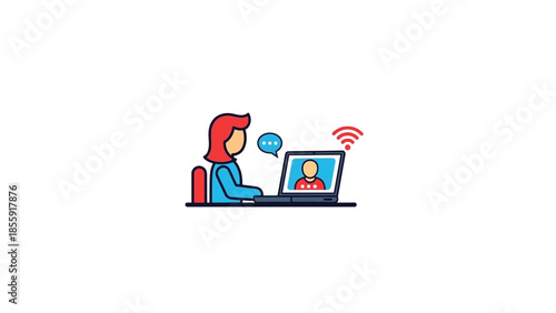 Woman having a video call on her laptop with a person on screen.