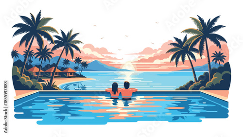Modern vector illustration of couple relaxing in tropical infinity pool overlooking ocean, luxury resort vacation scene, ideal for travel and hospitality marketing