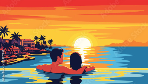 Modern vector illustration of couple relaxing in tropical infinity pool overlooking ocean, luxury resort vacation scene, ideal for travel and hospitality marketing