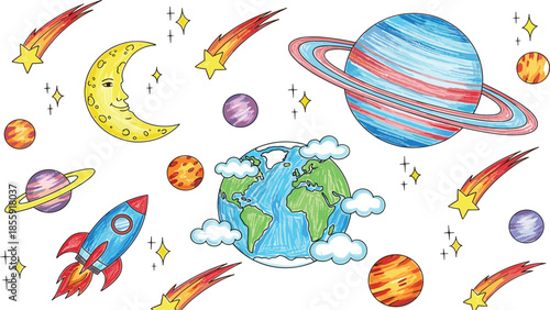 Hand drawn cartoon space illustration with Earth planets moon rocket comets and stars playful cosmic design for kids backgrounds
