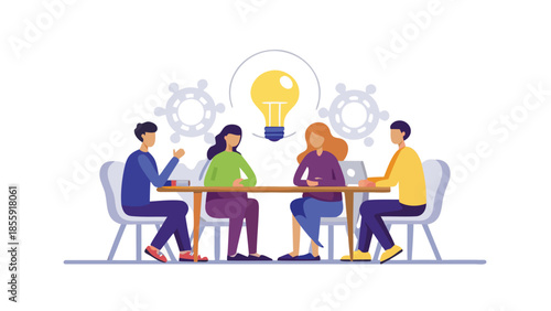 Four diverse people sitting together brainstorming ideas with lightbulb above table