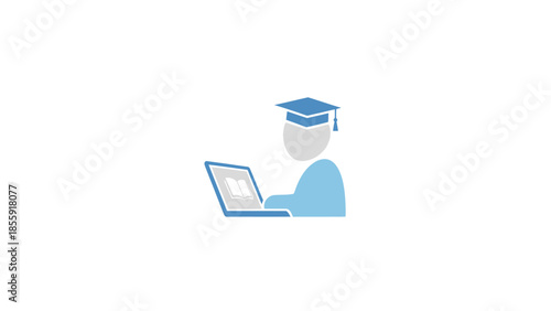 Student wearing graduation cap using laptop for online learning or research.