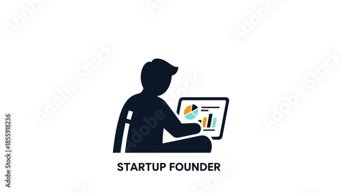 Startup founder working on laptop with charts and graphs.