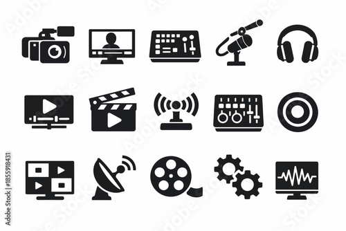 Black media icons: camera, microphone, satellite, headphones, film reel