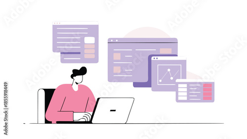 A developer sitting at a desk coding on a computer with multiple screens and windows open around them in a modern workspace