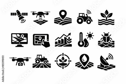 Precision farming: drone, satellite, and technology icons for modern agriculture
