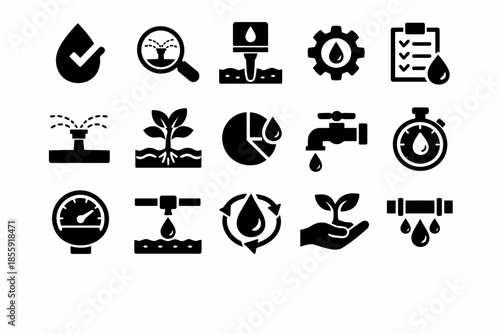 Collection of water conservation and irrigation icons in black and white