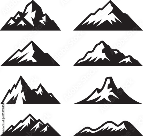 Collection of stylized mountain peak icons isolated on transparent background