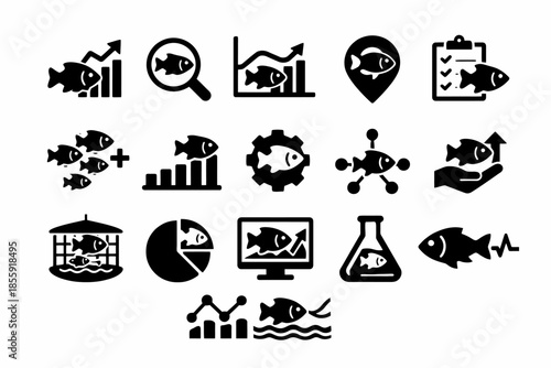 Aquaculture icons set: fish growth, analysis, data, and aquatic research symbols