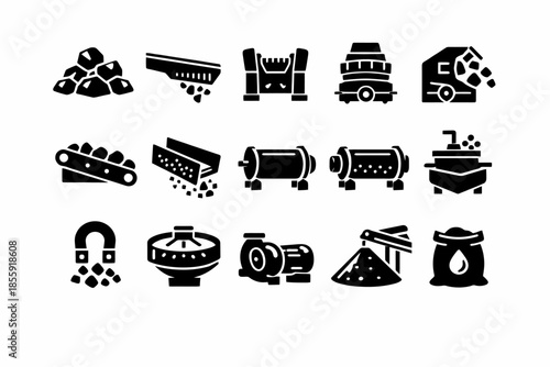 Industrial mining icons set: machinery, conveyor systems, crushers, and separation equipment