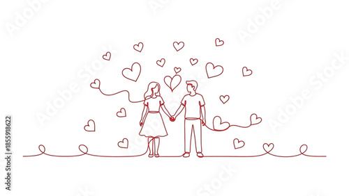 Eternal Bond: A line art illustration depicts a couple holding hands, surrounded by floating hearts, symbolizing love and connection, perfect for expressing affection and romance.