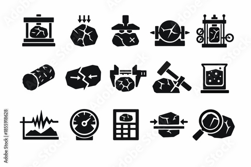 Collection of rock testing equipment icons for geology and engineering