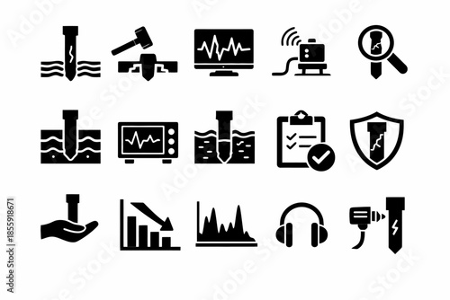 Set of black icons for drilling, analysis, and data monitoring