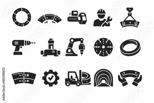 Industrial equipment icons set: tools, machinery, safety, production