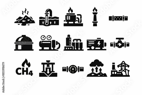 Black industrial icons set representing power, oil, and gas operations