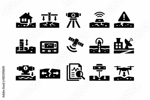 Geotechnical icons: soil movement, satellite, sensors, drone