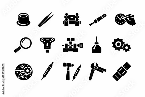 Collection of precision instrument icons for engineering and mechanics
