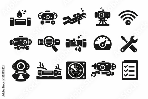 Diving equipment icons: underwater exploration tools and technology