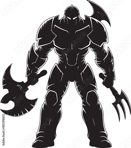 Fantasy warrior in dark armor holding battle weapons ready for combat