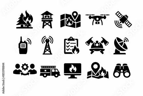 Wildfire management icons set: satellite, map, drone, firetower, communication, rescue
