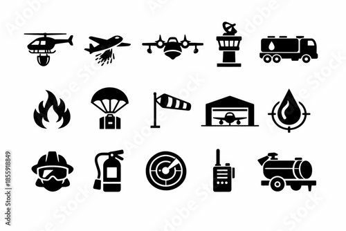 Aerial firefighting icons: helicopter, plane, control tower, fire truck, firefighter helmet